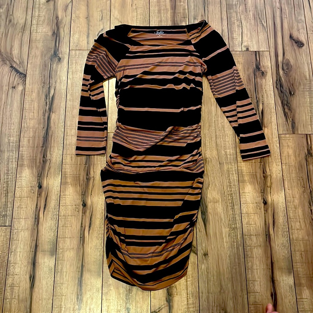 Sofia black and brown-striped bodycon dress.